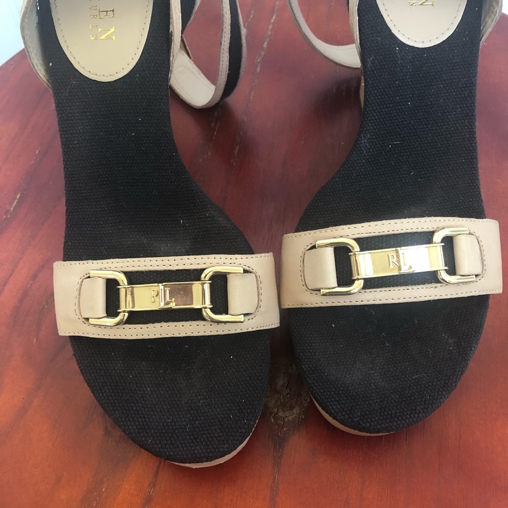 Ralph Lauren Beige/Black Strappy Wood Wedge 7.5M - Picture 3 of 9